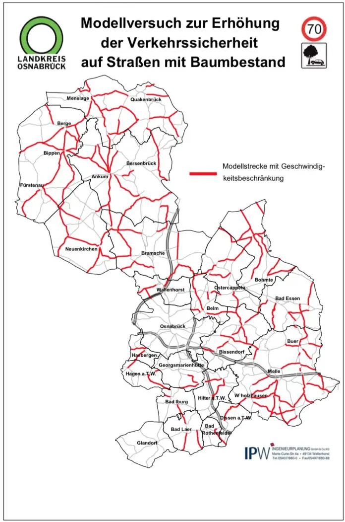 Karte der auf Tempo 70 gedrosselten Straßen im Landkreis Osnabrück