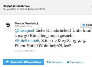 Das Theater Osnabrück sucht Künstler-Unterkünfte Twitternachricht vom Theater Osnabrück