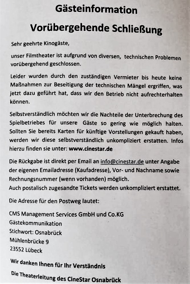 Vorübergehende Schließung des Cinestars in Osnabrück