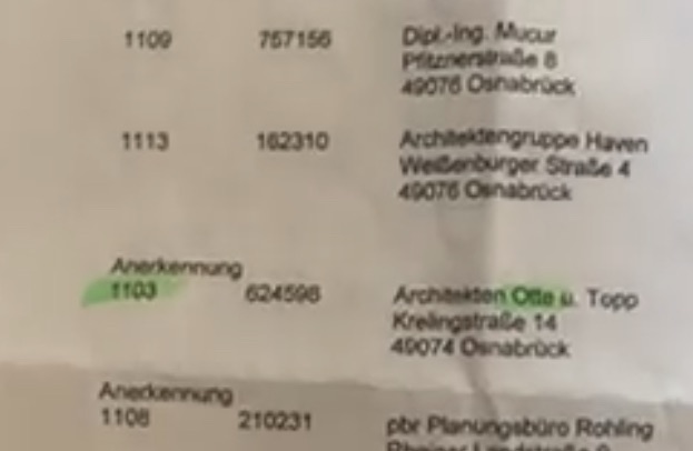 Einreicher-Liste Architektenwettbewerb Ratsgymnasium Osnabrück