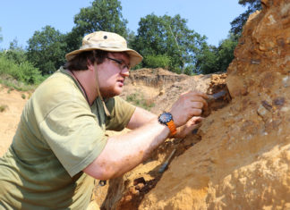Fossilienfunde: Vor mehr als 12 Millionen Jahren schon Leben im Osnabrücker Land Patrick Chellouche arbeitet am Konglomerat, (c) Lisa Heyn