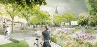 Die Zukunft des Ledenhofs: Viel Grün und ein Hipster mit Bierflasche im Fahrradkorb der sein Fahrrad schiebt. Entwurf: bbz landschaftsarchitekten