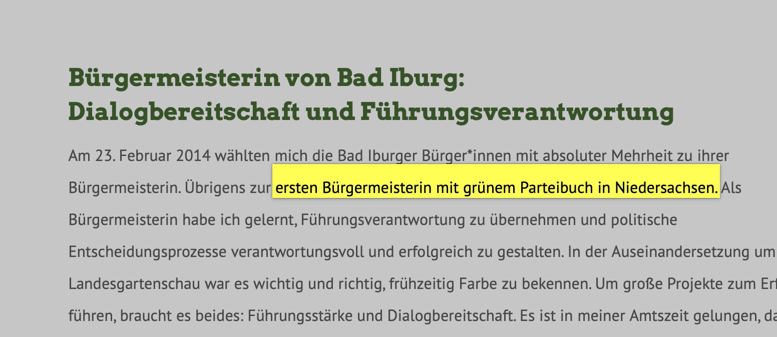 Wirklich? Erste Bürgermeisterin mit grünem Parteibuch in Niedersachsen... Screenshot niermann2021.de