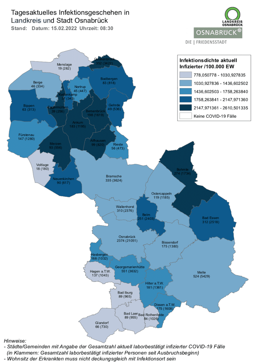 Corona-Infektionszahlen in der Region Osnabrück, Stand 15. Februar 2022. / Quelle: Landkreis Osnabrück