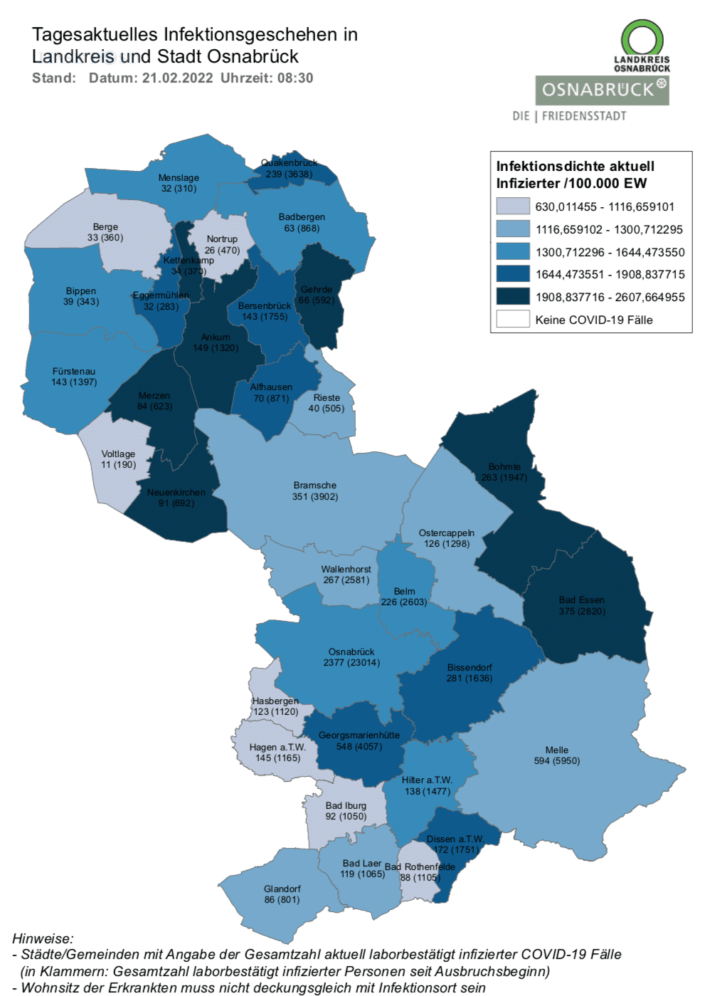 Corona-Infektionszahlen in der Region Osnabrück, Stand 21. Februar 2022. / Quelle: Landkreis Osnabrück
