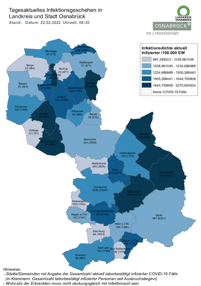 Corona-Infektionszahlen in der Region Osnabrück, Stand 22. Februar 2022. / Quelle: Landkreis Osnabrück