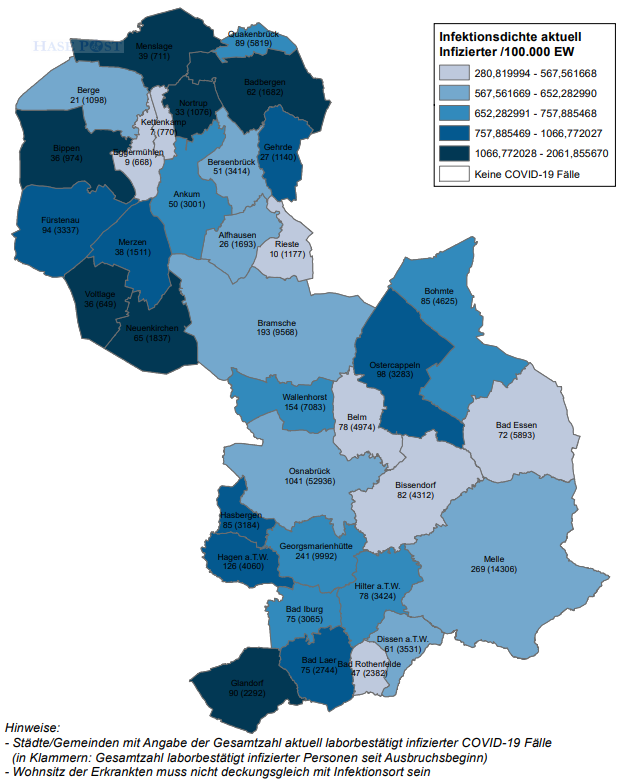 Corona-Infektionszahlen in der Region Osnabrück, Stand 10. Mai 2022. / Quelle: Landkreis Osnabrück