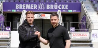 Neuer Spieler Henry Rorig und VfL-Sportdirektor Amir Shapourzadeh an der Bremer Brücke. / Foto: VfL Osnabrück