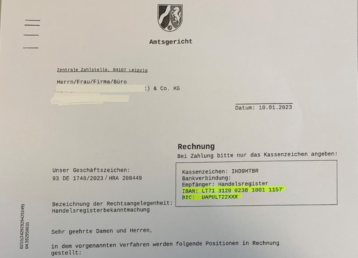 Beispiel einer "Fake-Rechnung". / Foto: Amtsgericht Osnabrück