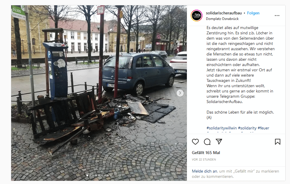 Tauschbox des Solidarischen Aufbaus am Domhof in Osnabrück in Brand gesetzt