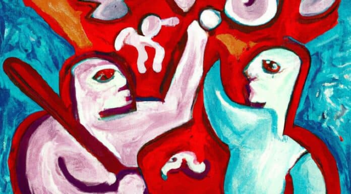 people fighting in a war against each other in style of picasso