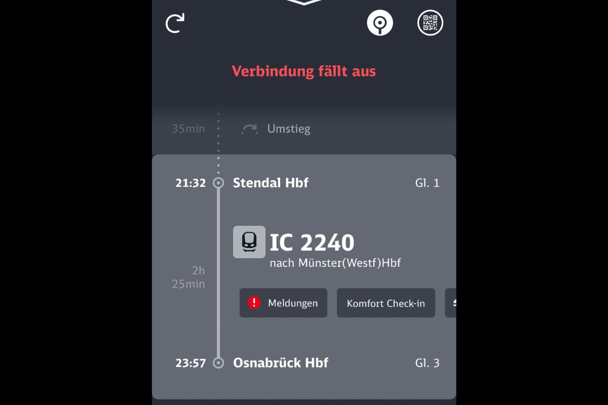 Deutsche Bahn: Verbindung fällt aus / Screenshot: Lapp