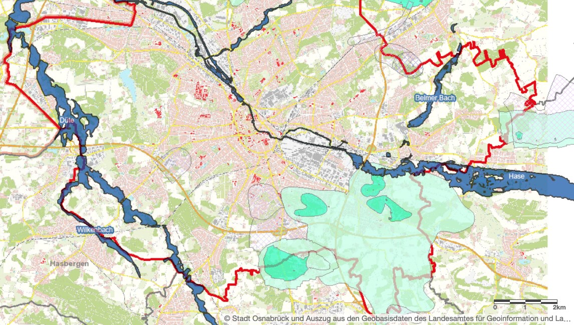 Die Hochwasserkarte (Screenshot 23.12.2023, 20:30 Uhr) zeigt vor allem in Lüstringen (Hase) und Hellern (Düte) bedrohlich steigende Pegel