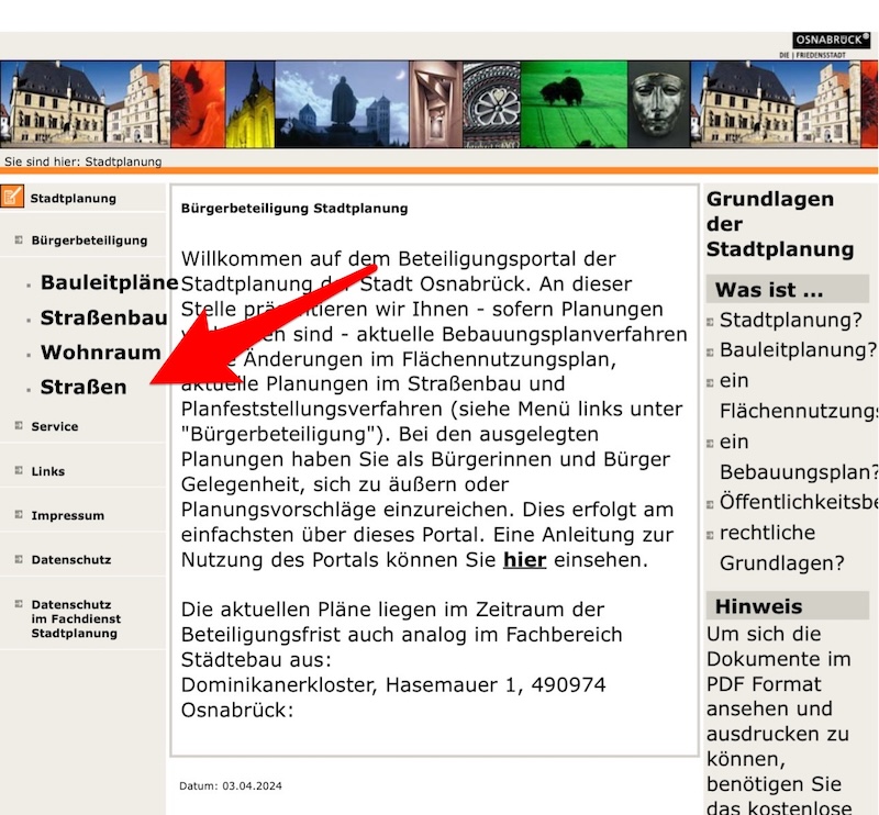 Zurück in die 90er: Weiter geht es im alten Website-Layout der Stadt Osnabrück: Hier bitte etwas suchen, der richtige Link befindet sich links oben