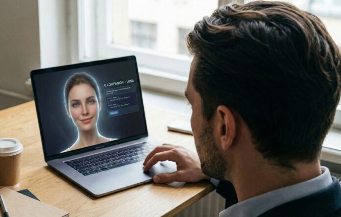 Mann am Laptop mit Avatar.