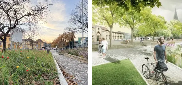 Fehlt nur noch der unrealistisch sein Rad über den Fußweg schiebende Hipster, und es siehr 'fast' aus, wie es der Architekt versprochen hat – zumindest aus dieser Perspektive